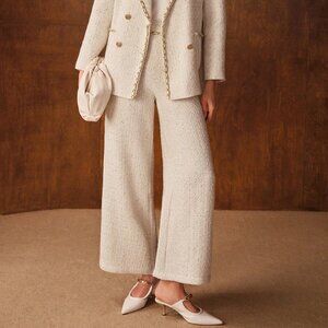 Cream Women's Premium Tweed Chain Detail Wide Leg Pants